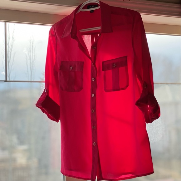 Hot pink light weight button down blouse - Picture 1 of 6